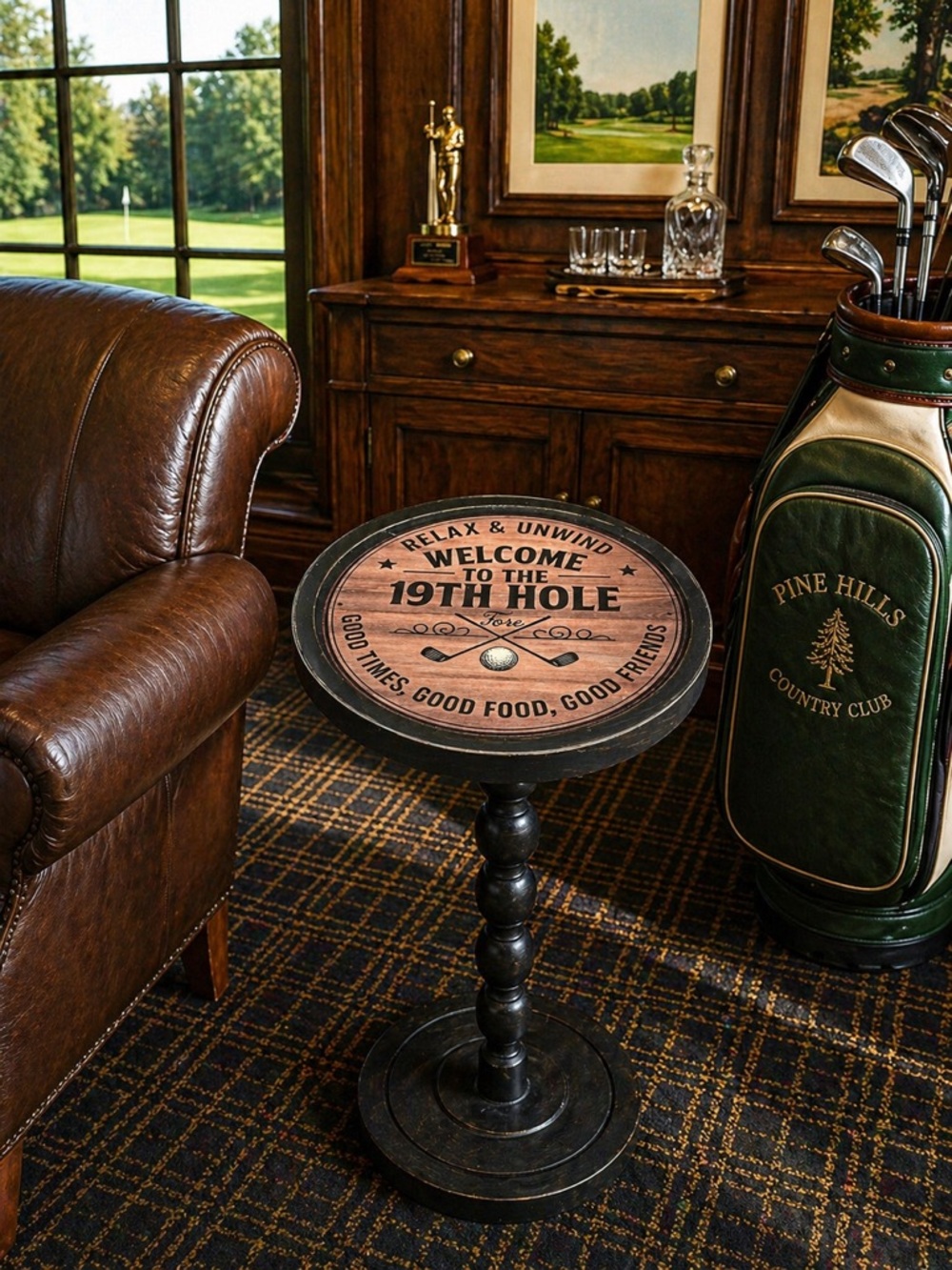 Round Accent Side Table with 'Welcome to the 19th Hole’ Top